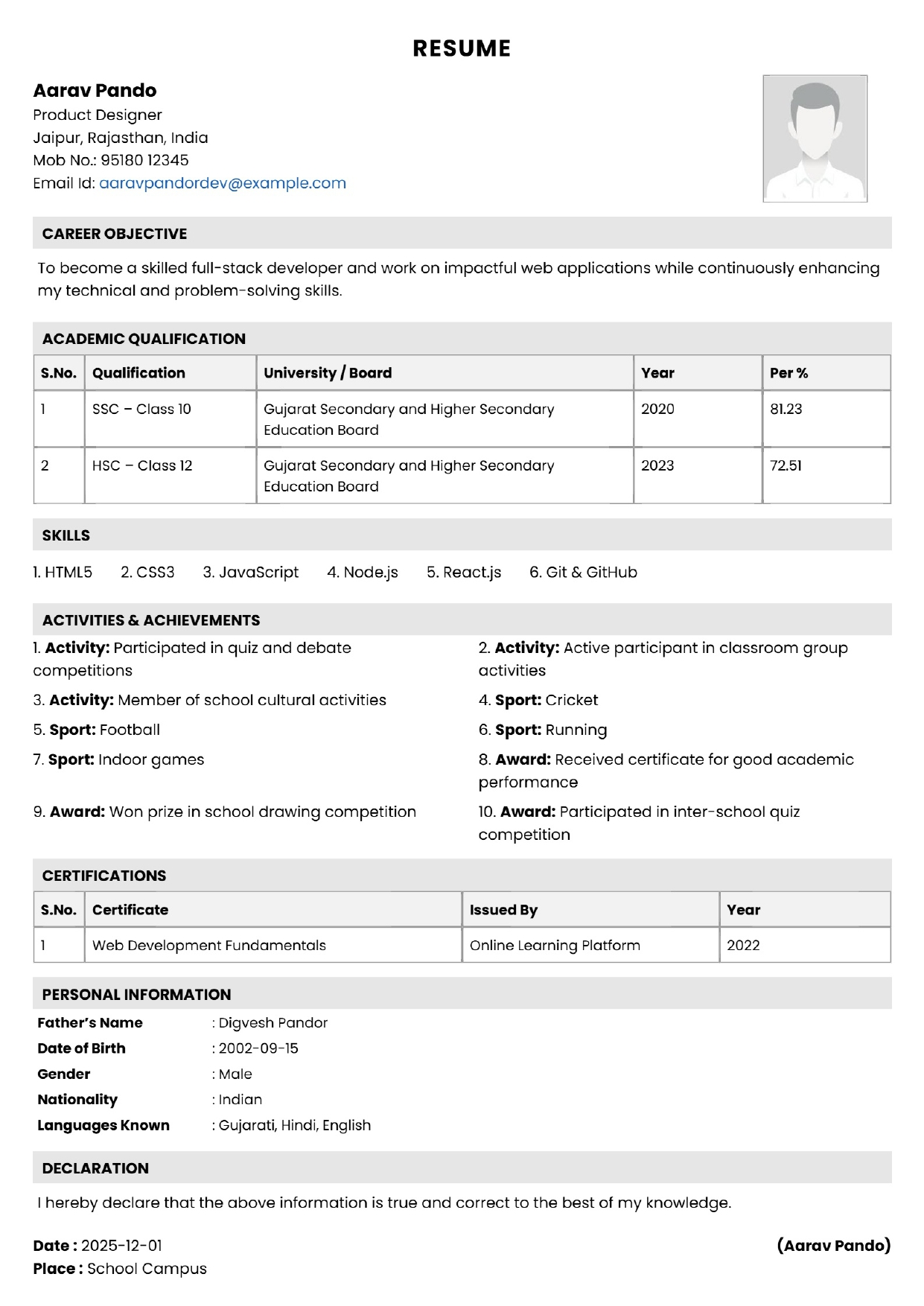 Traditional Student Resume with Academic Details and Career Objective