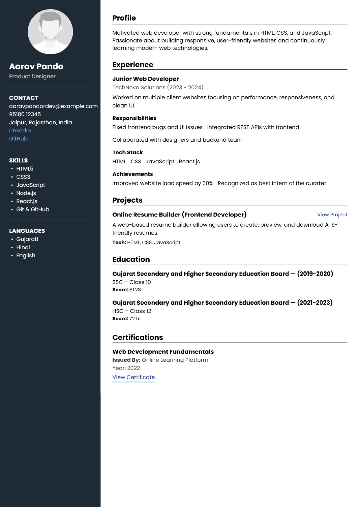 Two Column Professional Resume with Sidebar Layout